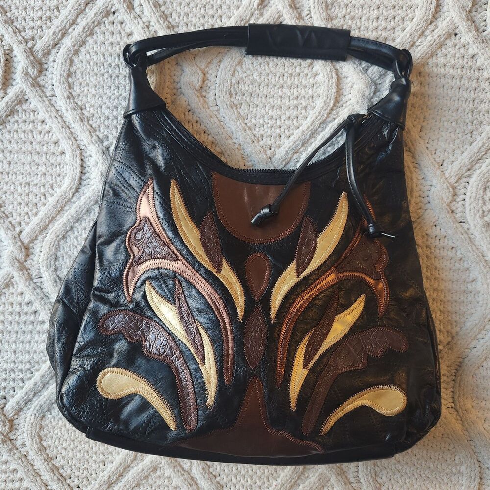 Vintage metallic gold/ copper/ brown patchwork leather hobo shoulder bag